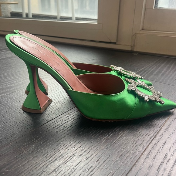 Amina Muaddi Begum Green “Frog” Satin Martini Heels 95mm Sz 38.5 - Picture 4 of 10